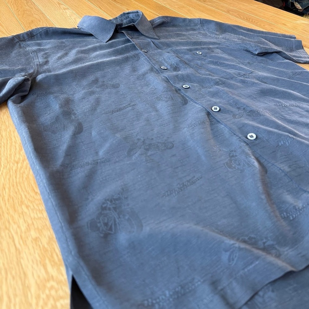 Harley Davidson 100% Silk Motorcycle All Over Embroidery Navy Button Up Mens L - Picture 6 of 9